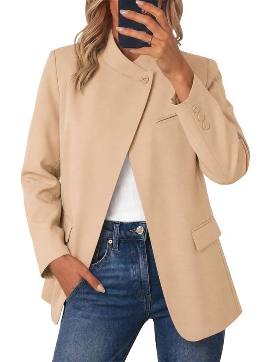 Jackets & Blazers - Women's Khaki Plaid Blazer Business Stand Collar Open Front Trendy Suit Jacket